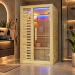 Finse Sauna 110 View in een moderne badkamer, uitgevoerd in licht hout met een glazen deur en sfeervolle verlichting.