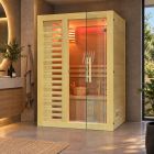 Finse Sauna 150 View in een moderne badkamer, uitgevoerd in licht hout met een glazen deur en sfeervolle warme verlichting.