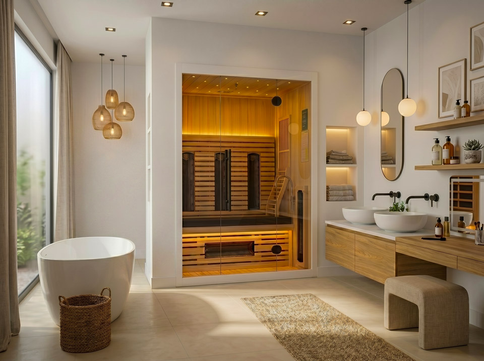 Moderne 4-persoons infraroodsauna 165 Valero Pro met glazen voorzijde en witte matte afwerking (RAL 9003), voorzien van 9 Infraheat&trade; stralers.
