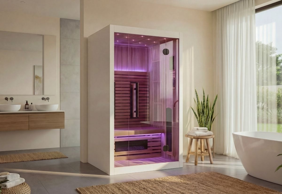 Ervaar therapeutische ontspanning in deze 1-2 persoons infrarood sauna voor thuis Compacte infrarood sauna voor 1 tot 2 personen met glazen deur en therapeutische warmtestraling